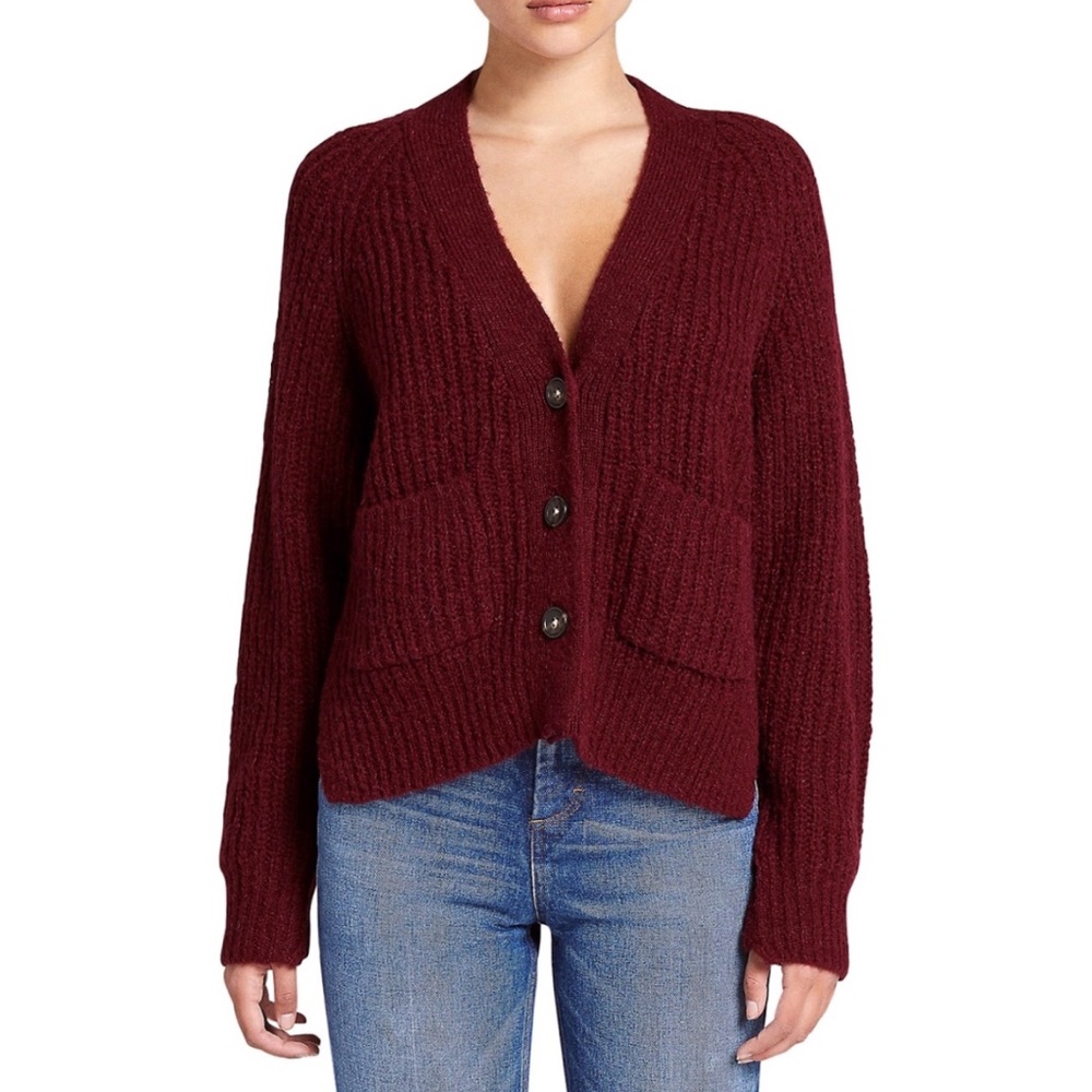 ALC A.L.C Cleveland Burgundy red knit button up v-neck cardigan sweater pockets